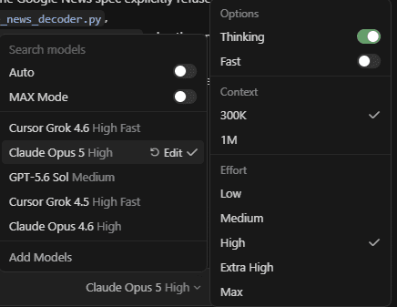 The same model's options panel. Context offers exactly two values, 300K and 1M, and 300K is the one ticked.