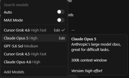 Cursor's model picker. The card for Claude Opus 5 reads "300k context window" — no million claimed.
